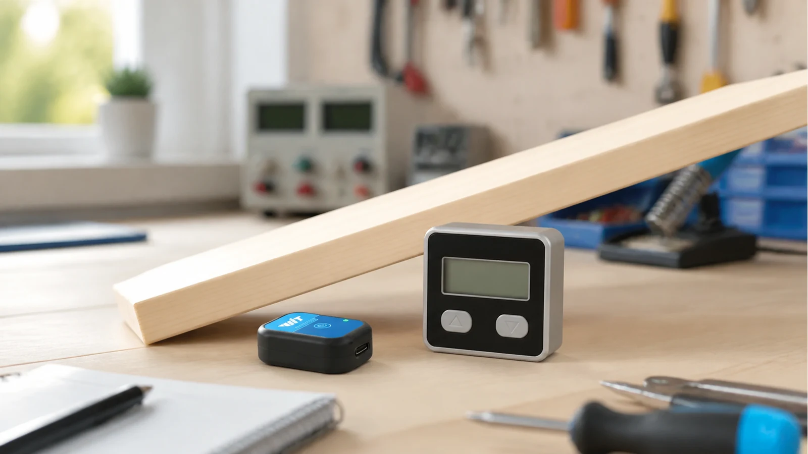 Digital angle gauge on a saw fence next to a small Bluetooth IMU on a strap for continuous angle logging