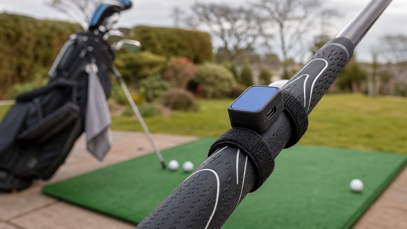 Mini Bluetooth IMU strapped to golf club on garden mat