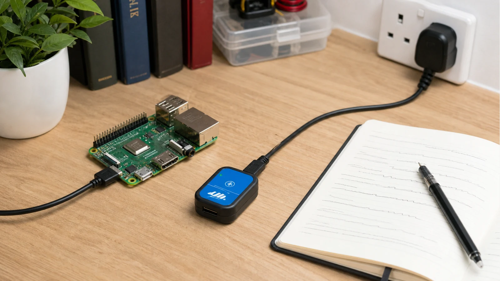 Raspberry Pi logging CSV samples from a wearable Bluetooth IMU on a student desk