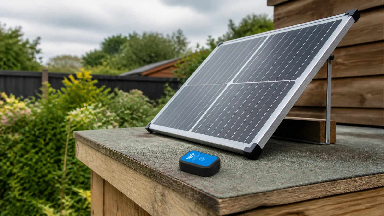 Bluetooth inclinometer placed on a UK rooftop solar panel frame to check tilt angle