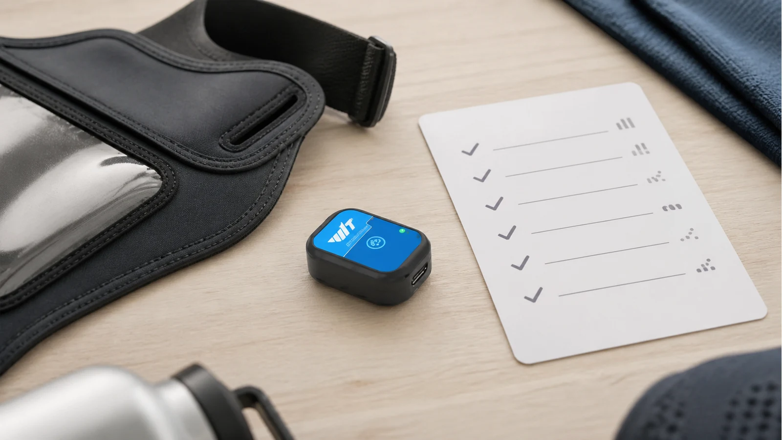 Wearable IMU beside an intended-purpose checklist representing UK non-medical research use boundaries